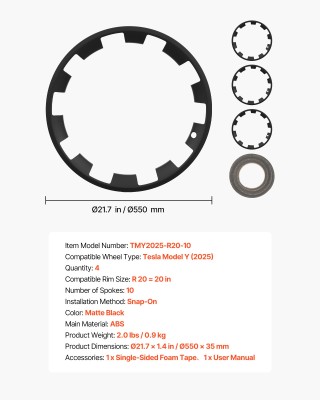 VEVOR Καλύμματα Ζαντών 20 για Tesla Model Y 2025, Σετ 4 Τεμαχίων, Μ...