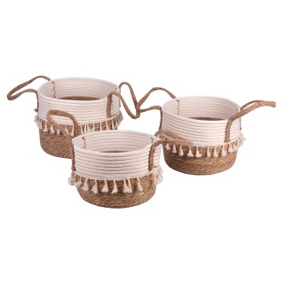 Villa DEste  Σετ 3 φυσικά καλάθια από ίνες με κορδόνι και φούντες μ...