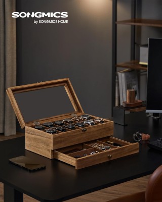 SONGMICS Ξύλινη Θήκη Ρολογιών 12 Θέσεων 34x19x12.5cm με Γυάλινο Καπ...