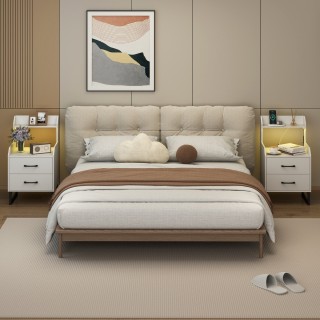 Costway Λευκό Κομοδίνο 80 x 40 x 45 cm με Ενσωματωμένη Φόρτιση, LED...