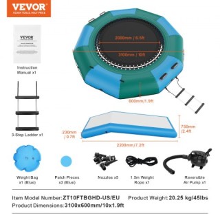 VEVOR 3μ. Φουσκωτό Τραμπολίνο Νερού με Τσουλήθρα για Πισίνα/Λίμνη  ...
