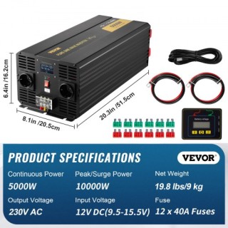 VEVOR Καθαρός Ημιτονοειδής Μετατροπέας 5000W DC12V σε AC230V LCD  P...