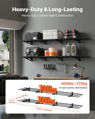 VEVOR Σετ 4 Μεταλλικών Ραφιών Τοίχου Γκαράζ, 2 Επιπέδων, 305x914mm,...