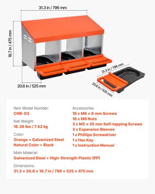 VEVOR Μεταλλικές Φωλιές Αυγών 3 Θέσεων για Πουλερικά - Πορτοκαλί JS...