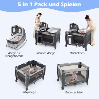 Costway Πτυσσόμενο Βρεφικό Κρεβάτι 5 σε 1 με Αλλαξιέρα & Λίκνο & Στ...