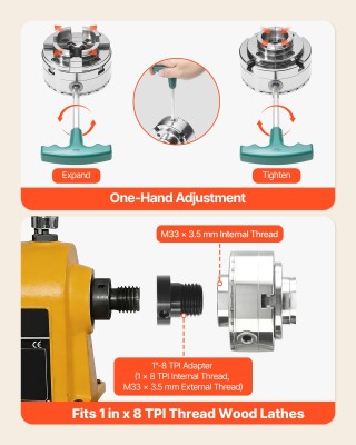 VEVOR Τόρνος Ξύλου 4 με 4 Σιαγόνες, Αυτοσυγκεντρωτικό Τσοκ, 1 x 8TP...