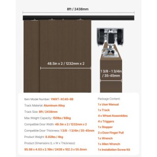 VEVOR Κιτ Συρόμενης Ντουλάπας 8ft για Σύστημα 2 Πορτών TLMTZTLM8FTS...