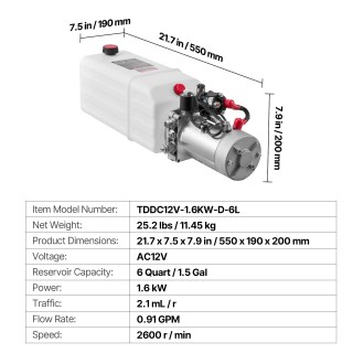 VEVOR Υδραυλική Μονάδα 6L, Μονής Ενέργειας, 12V DC με Μεταλλικό Δοχ...