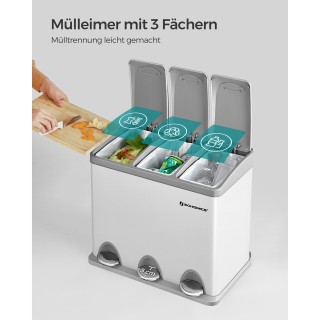 Τριπλός Κάδος Ανακύκλωσης με Πεντάλ 24lt 47 x 28.3 x 39.5cm Λευκό /...