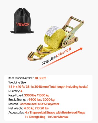 VEVOR Ιμάντες Δεσίματος με Καστάνια, 38.1 mm x 3 m, 3000 kg, 4 Τεμά... VEVOR Ιμάντες Δεσίματος με Καστάνια, 38.1 mm x 3 m, 3000 kg, 4 Τεμά...