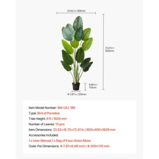 VEVOR Δέντρο Τεχνητής Στρελίτζιας 1829mm με Γλάστρα για Εσωτερικούς...