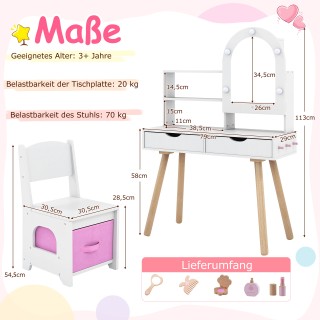 Costway Σετ Παιδικό Τραπέζι και Καρέκλα Μακιγιάζ με Καθρέφτη και Ρυ...