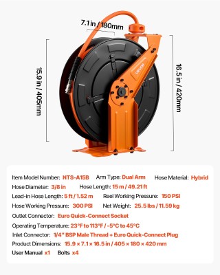 VEVOR Ανασυρόμενος Καρούλι Αερόσωλής 15m x 9.5mm, Υβριδικός, 300PSI...