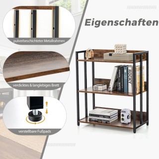 Costway Ράφι βιβλιοθήκης με 3 επίπεδα και ρυθμιζόμενα ράφια, μεταλλ...