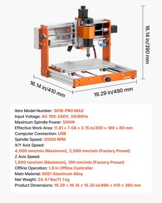 VEVOR Μηχανή CNC Router 500W, 3-Άξονη με Χώρο Εργασίας 300x180x80mm...