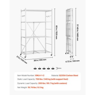 VEVOR Ράφι Αποθήκευσης με Ρόδες VEVOR, 4 Επιπέδων, Πτυσσόμενο, Λευκ...