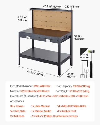 VEVOR Ξύλινος Πάγκος Εργασίας 1200 mm με Συρτάρι, Πίνακα Εργαλείων,... VEVOR Ξύλινος Πάγκος Εργασίας 1200 mm με Συρτάρι, Πίνακα Εργαλείων,...