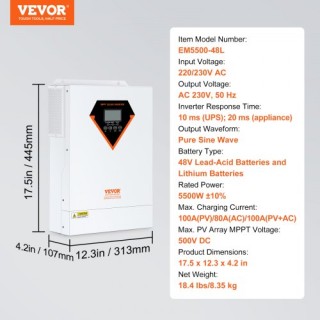 VEVOR Υβριδικός Ηλιακός Αντιστροφέας 5500W 230V με 100A MPPT Ελεγκτ... VEVOR Υβριδικός Ηλιακός Αντιστροφέας 5500W 230V με 100A MPPT Ελεγκτ...