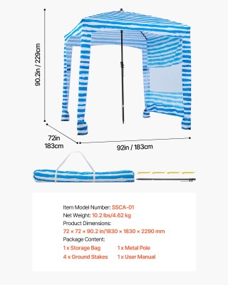 VEVOR Κιόσκι Παραλίας με Μπλε Ρίγες, UPF 50+ με Επιτοίχια Προστασία...