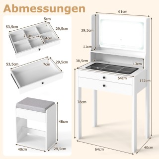 Costway Λευκός Καλλυντικός Τραπεζάκι με Ταπετσαρισμένο Σκαμπό & Πρί...