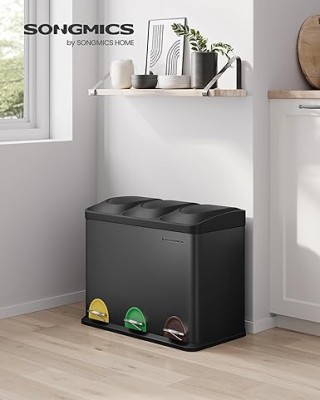 SONGMICS Τριπλός Κάδος Ανακύκλωσης 45L με Χρωματιστά Πεντάλ και Αφα...