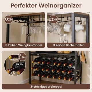 Costway Ρουστίκ Καφέ Ράφι Κρασιών με Πρίζα και Κρεμάστρες για Ποτήρ...