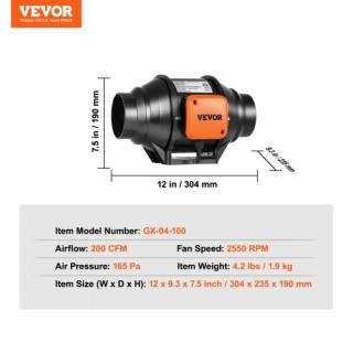 VEVOR 102mm Ενσωματωμένος Ανεμιστήρας Αγωγού με Ρυθμιζόμενη Ταχύτητ...