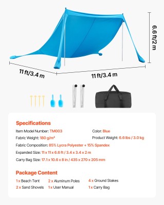 VEVOR Παραλία Σκηνή Σκιάς, Προστασία UPF50+, 2m Ύψος, 3.4 x 3.4m, Ε...