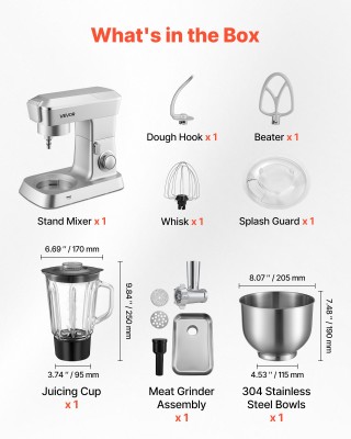 VEVOR Ηλεκτρικό Μίξερ Κουζίνας 1300W, 4.3L με Μπλέντερ, Ασημί DGNTM...