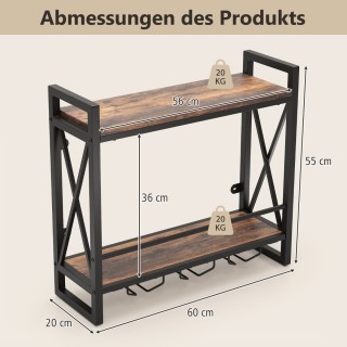 Costway Διπλό Ράφι Κρασιού Τοίχου με 3 Κρατητές Ποτηριών - Ξύλινη Κ...