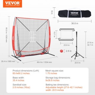 VEVOR Δίχτυ Προπόνησης Μπέιζμπολ/Σόφτμπολ 5x5 ft με Φορητό Σκελετό ...