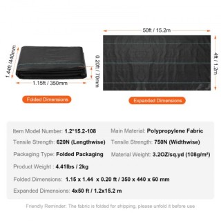 VEVOR Υφασμάτινο Φράγμα Ζιζανίων, 4*50FT, Μαύρο  JBXBZ450FT3207LCGV0