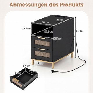 Costway Μαύρο Τραπεζάκι με Σταθμό Φόρτισης & 2 Συρτάρια από Ρατάν &...