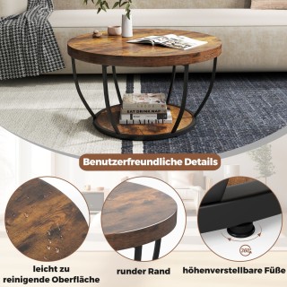 Στρογγυλό Τραπεζάκι Καφέ Ξύλινο με 2 Επίπεδα & Μεταλλικό Πλαίσιο 80...