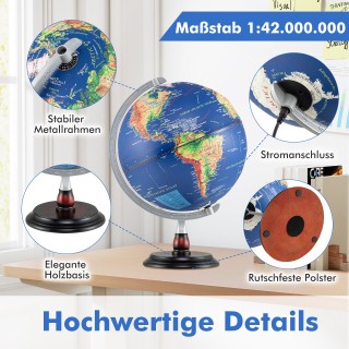 Costway Περιστρεφόμενη Φωτεινή Υδρόγειος 30 cm με Ξύλινη Βάση 32 x ...