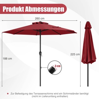 Costway Ομπρέλα κήπου 250 εκ. με μανιβέλα και 8 ακτίνες Μπορντό, 22...