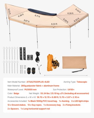 VEVOR Πλευρική Τέντα Οχήματος 270° με Ενσωματωμένα LED, Αδιάβροχη U...