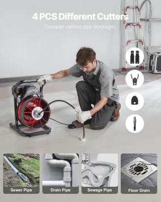VEVOR Μηχανή Καθαρισμού Αποχέτευσης 15m x 13mm, Χειροκίνητο Τροφοδό...
