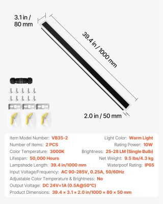VEVOR Εξωτερικό Φωτιστικό Τοίχου Strip 1000mm - LED, IP65, 3000K, 2...
