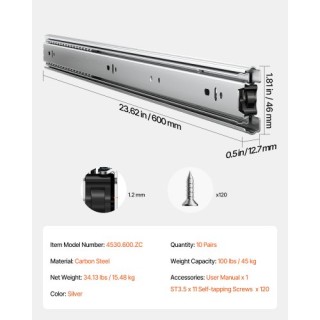 VEVOR Συρόμενοι Οδηγοί Ντουλαπιού Πλευρικής Τοποθέτησης 24 ιντσών 1...