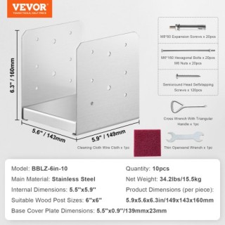 VEVOR Ρυθμιζόμενη Βάση Στύλου Ανοξείδωτη 10τμχ για Στήριξη Ράγας/Κι...