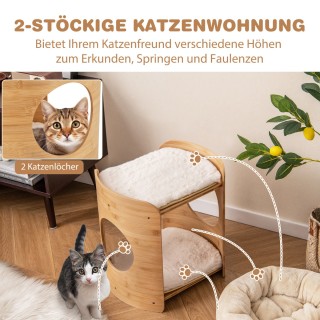 Costway Διώροφο Μπαμπού Κρεβάτι Γάτας με Αποσπώμενα Μαξιλάρια & 2 Τ...