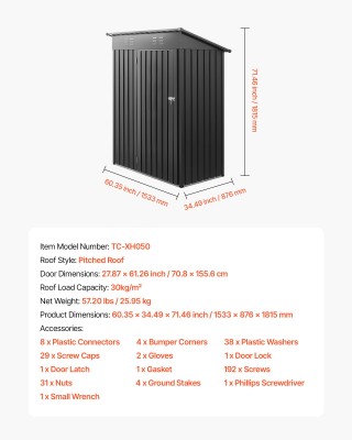 VEVOR Μεταλλικό Κήπος Αποθήκη 1533x876x1815mm με Κεκλιμένη Οροφή κα...