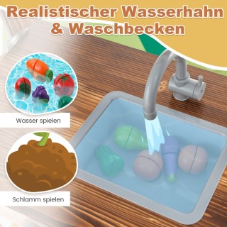 Costway Κουζίνα παιχνιδιού από ξύλο έλατου με περιστρεφόμενη βρύση ...