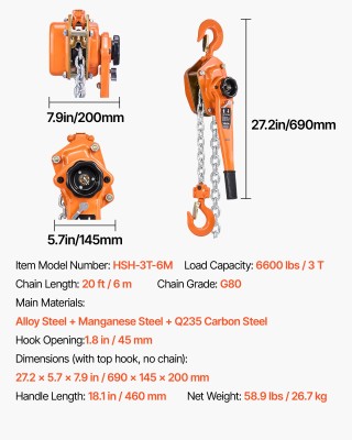 VEVOR Ανυψωτικό Χειροκίνητο Βαρούλκο Αλυσίδας 3T 3000KG, 6M G80 Ατσ...
