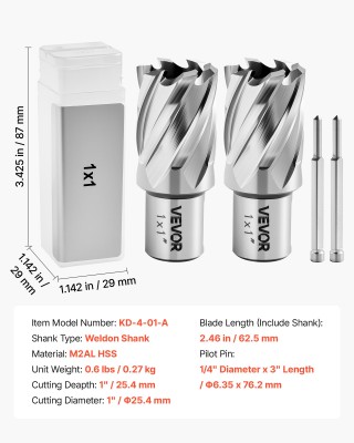 VEVOR Σετ Τρυπανιών Annular 4 τεμ., HSS, 25.4 mm, με Weldon Shank κ...