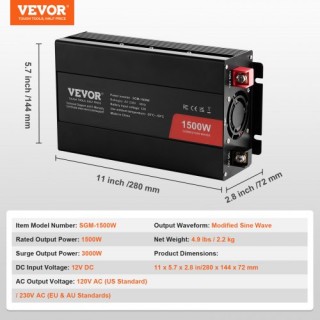VEVOR Μετατροπέας Ισχύος 1500W 12V σε 230V  XZXNBQ1500WXQCR5AV2