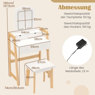 Costway  Λευκή Ξύλινη Τουαλέτα με Καθρέφτη και Σκαμπό - 3 Συρτάρια ...