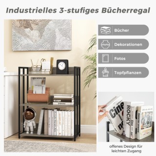 Costway Ράφι βιβλιοθήκης με 3 επίπεδα και ρυθμιζόμενα ράφια, μεταλλ...