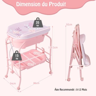 Costway Πτυσσόμενο Ροζ Τραπέζι Αλλαγής με Μπανιέρα και Επιφάνεια Αλ...